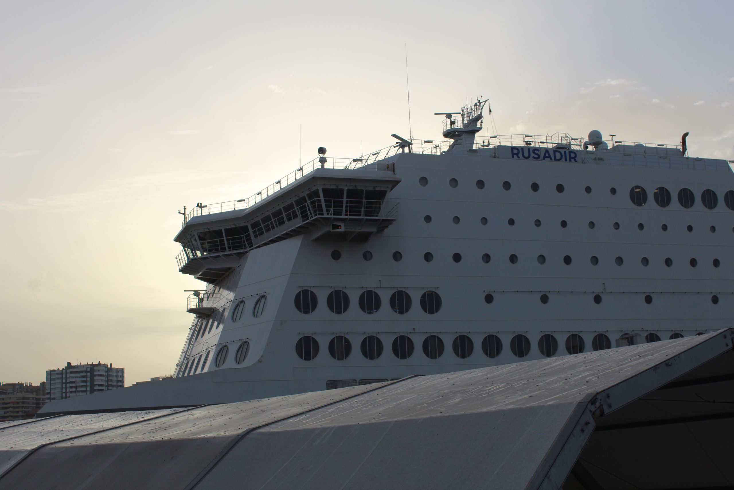 Giant Balearia ferry Rusadir in port under overcast skies